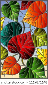 Illustration in stained glass style with colorful leaves 
trees on a blue  background