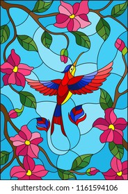 Illustration in stained glass style with colorful Hummingbird on background of the sky ,greenery and pink  flowers