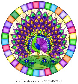 Illustration in stained glass style with colorful peacock   and flowers, round image in bright frame