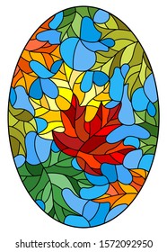 Illustration in stained glass style with colorful maple leaves  trees on a blue background, oval image