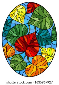 Illustration in stained glass style with colorful leaves of trees on a blue  background, oval image