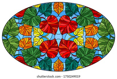 Illustration in stained glass style with colorful leaves of trees on a blue  background, oval image