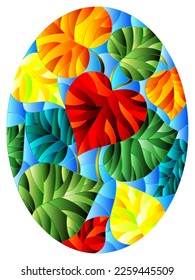 Illustration in stained glass style with colorful leaves of trees on a blue  background, oval image