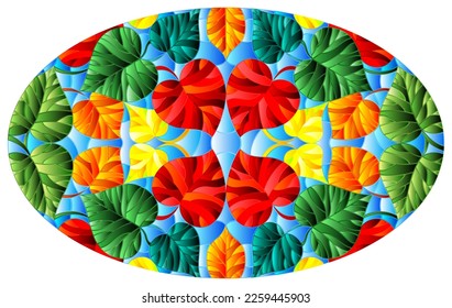 Illustration in stained glass style with colorful leaves of trees on a blue  background, oval image