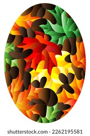 Illustration in stained glass style with colorful leaves of maple trees on a brown background, oval image