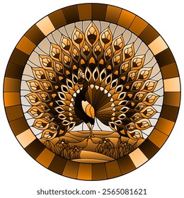 Illustration in stained glass style with colorful peacock on blue sky and flowers, round image in frame, tone brown