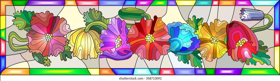 Illustration in stained glass style with colorful flowers