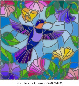 Illustration in stained glass style with colorful Hummingbird on background of the sky ,greenery and flowers