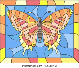 Illustration in stained glass style with colorful butterfly