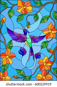 Illustration in stained glass style with colorful Hummingbird on background of the sky ,greenery and flowers