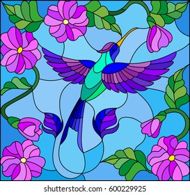 Illustration in stained glass style with colorful Hummingbird on background of the sky ,greenery and flowers