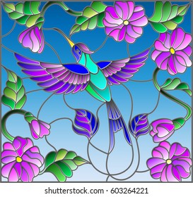 Illustration in stained glass style with colorful Hummingbird on background of the sky ,greenery and flowers