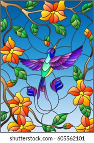 Illustration in stained glass style with colorful Hummingbird on background of the sky ,greenery and flowers