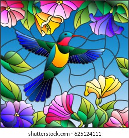 Illustration in stained glass style with colorful Hummingbird on background of the sky ,greenery and flowers