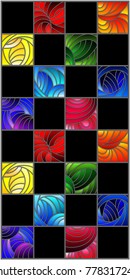 Illustration in stained glass style with colorful squares colored in rainbow spectrum on the  black background
