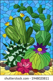 Illustration in stained glass style with a composition of cacti, plants against the background of the desert and the blue sky