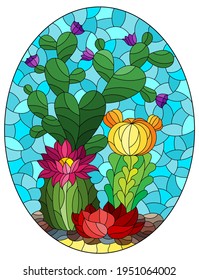 Illustration in stained glass style with a composition of cacti, plants against the background of the desert and the blue sky, oval image