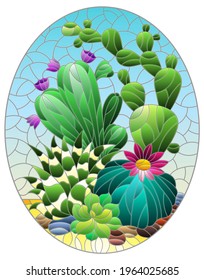 Illustration in stained glass style with a composition of cacti, plants against the background of the desert and the blue sky, oval image
