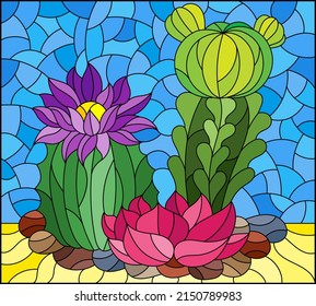 Illustration in stained glass style with a composition of cacti, plants against the background of the desert and the blue sky