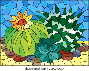 Illustration in stained glass style with a composition of cacti, plants against the background of the desert and the blue sky