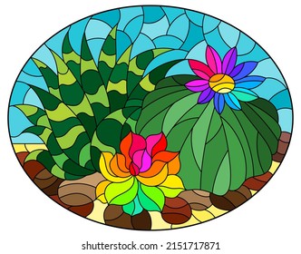 Illustration in stained glass style with a composition of cacti, plants against the background of the desert and the blue sky, oval image