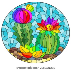 Illustration in stained glass style with a composition of cacti, plants against the background of the desert and the blue sky, oval image