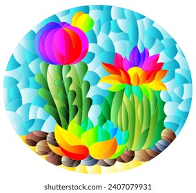 Illustration in stained glass style with a composition of cacti, plants against the background of the desert and the blue sky, oval image