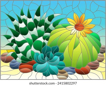 Illustration in stained glass style with a composition of cacti, plants against the background of the desert and the blue sky