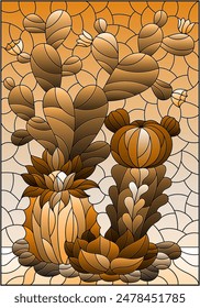 Ilustración en estilo vitral con una composición de cactus, plantas contra el fondo del desierto y el cielo, tono marrón