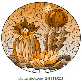 Illustration in stained glass style with a composition of cacti, plants against the background of the desert and the sky, oval image, tone brown