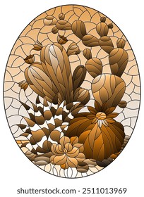 Illustration in stained glass style with a composition of cacti, plants against the background of the desert and the sky, oval image, tone brown