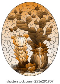 Illustration in stained glass style with a composition of cacti, plants against the background of the desert and sky, oval image, tone brown