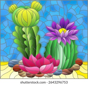 Illustration in stained glass style with a composition of cacti, plants against the background of the desert and the blue sky