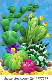 Illustration in stained glass style with a composition of cacti, plants against the background of the desert and the blue sky