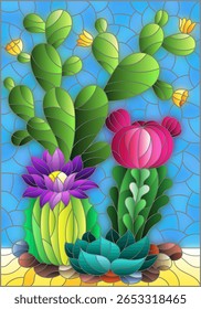 Ilustração em estilo de vitral com uma composição de cactos, plantas contra o fundo do deserto e o céu azul