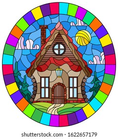 Illustration in stained glass style with a cozy wooden house against the background of trees and sky, oval image in a bright frame