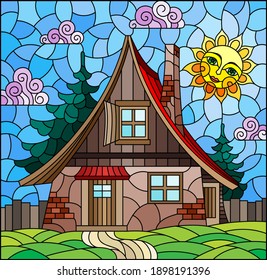 Illustration in stained glass style with a cozy rustic house on the background of fir trees, cloudy sky and sun