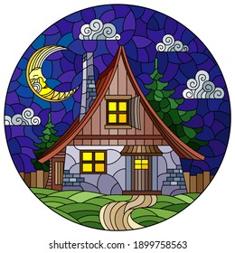 Illustration in stained glass style with a cozy rustic house on the background of fir trees, cloudy sky and moon, round image