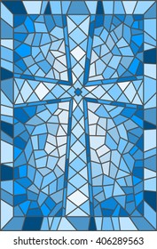 Illustration in stained glass style with a cross, in blue tones