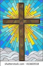 Illustration in stained glass style to cross on a background of sky and clouds