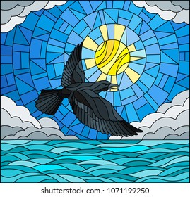 Illustration in stained glass style crow on the background of sky, sun , clouds and water