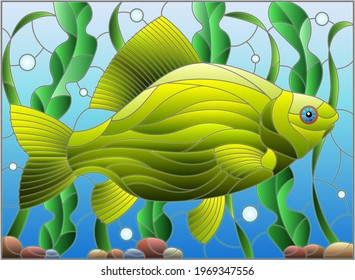 Illustration in stained glass style with crucian carp fish on the background of algae, air bubbles and water
