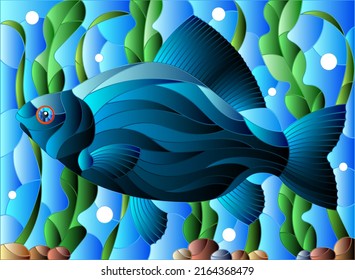 Illustration in stained glass style with crucian carp fish on the background of algae, air bubbles and water