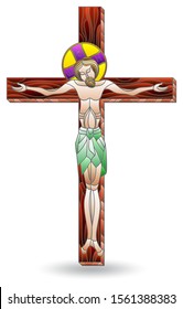 Illustration in stained glass style with crucifixion and Jesus Christ, isolated on white background