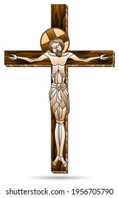 Illustration in stained glass style with crucifixion and Jesus Christ, isolated on white background, monochrome,tone brown