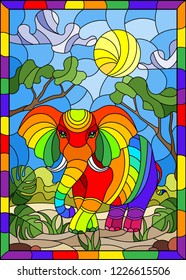 Illustration in stained glass style with cute rainbow elephant on the background of green trees of cloudy sky and sun, in bright frame 