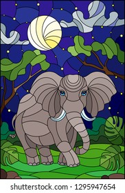 Illustration in stained glass style with cute  elephant on the background of green trees of starry  sky and moon 