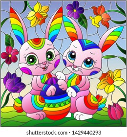 Illustration in stained glass style with cute Easter bunnies and egg on the background of flowers and sky