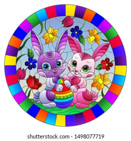 Illustration in stained glass style with cute Easter bunnies and egg on the background of flowers and sky, round image in bright frame 
