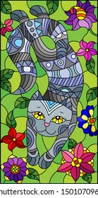 Illustration in stained glass style with a    cute grey cat on a background of meadows and  bright flowers 